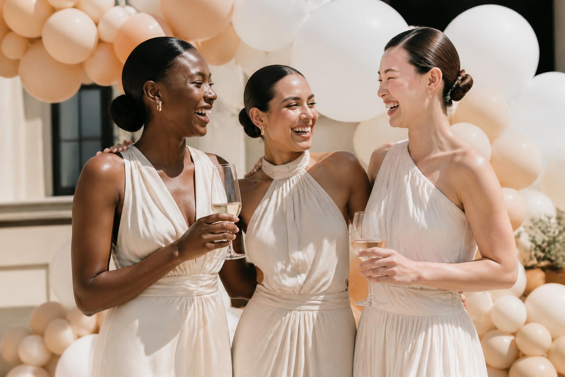 Editorial portrait of a woman in a black satin gown beside a sculptural champagne and black balloon installation